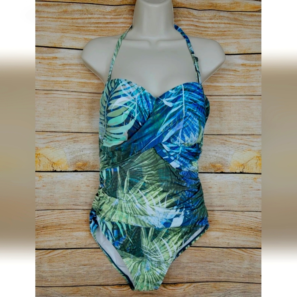 Tahari Wrap Shirred Bandeau Palm Halter One Piece Swimsuit Size Large
